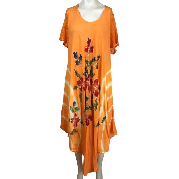 SAKKAS - WOMEN'S ONE SIZE - ORANGE FLORAL SHORT SLEEVE TIE DYE BOHO HIPPIE DRESS - Picture 1 of 8